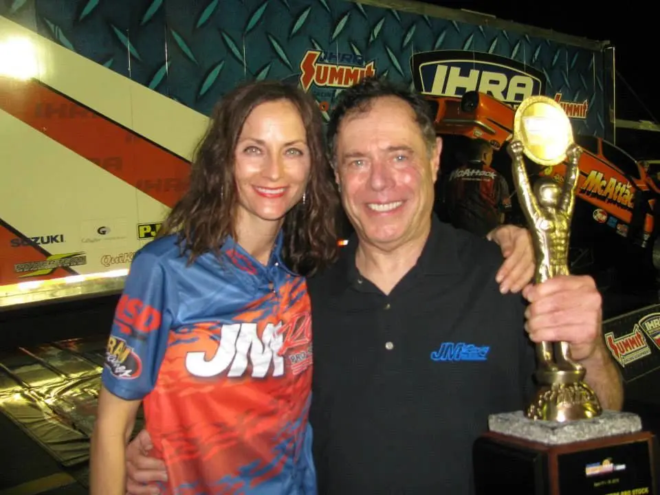John and Lois Anne Montecalvo celebrate a race victory. Now they’d like to celebrate the return of a dragstrip to Long Island. (Photo from John Montecalvo Racing Facebook page)