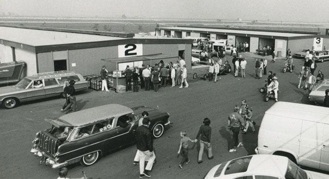 The Ontario Motor Speedway garage area looked quite a bit more modern than the ones at the Indianapolis Motor Speedway, the historic track that served as the model for designers of the California facility. 