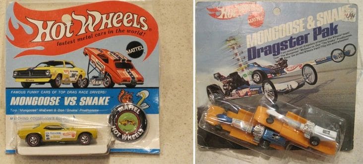 These images of vintage Hot Wheels toy cars, from the NHRA and the collection of Jeff Mittendorf, are reminiscent of the press-party giveaways at Ontario Motor Speedway. Mattel sponsored the first drag race at OMS. 