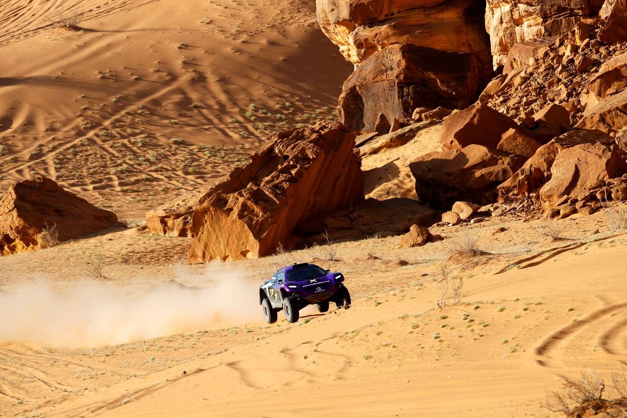 Lewis Hamilton's X44 team of Sebastien Loeb and Cristina Gutiérrez captured the top qualifying position for the April 4 Desert X Prix, the inaugural Extreme E Series event, at Al'Ula, Saudi Arabia. (Photo courtesy of Extreme E)