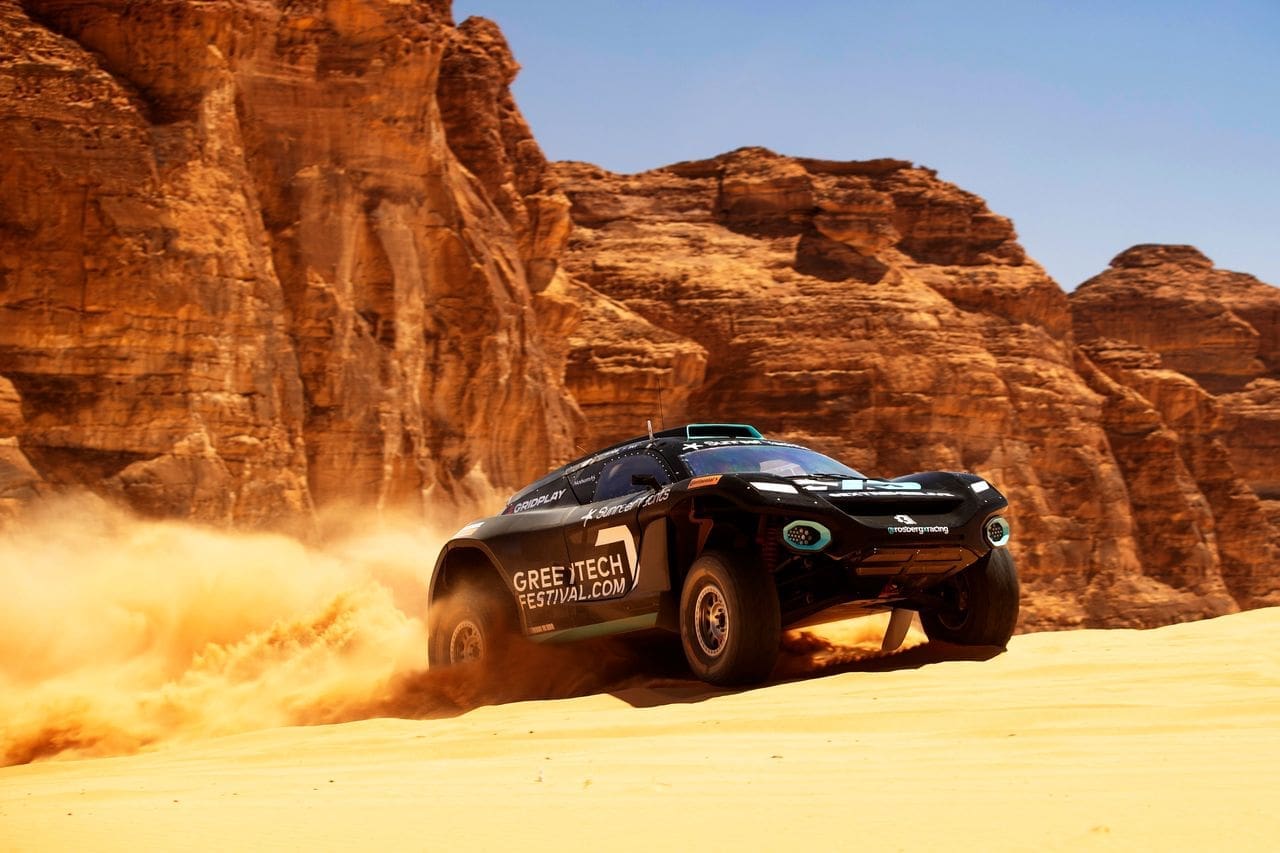 Australian Molly Taylor and Sweden's Johan Kristoffersson give their Rosberg X Racing entry a shakedown run in the Saudi desert at Al-'Ula Friday, April 2. (Photo by Colin McMaster, courtesy of Extreme E)