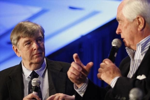 Donald Davidson listens earnestly as newest IMS boss Roger Penske engages in an interview. (Photo courtesy of the Indianapolis Motor Speedway)