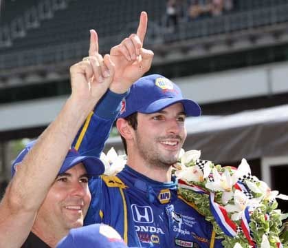 Californian Alexander Rossi celebrates winning the 100th running of the Indianapolis 500-Mile Race. (Photo by Ann Miller Carr)