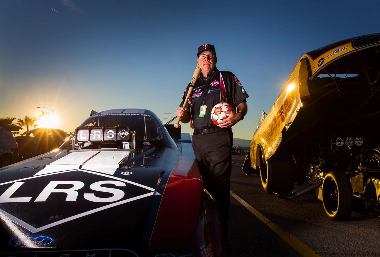 Writing his book was a labor of love, but so was growing up in baseball, working in soccer, and working in NHRA drag racing for both Tim Wilkerson and Del Worsham (whose cars are pictured here). (Photo by Mark Rebilas)