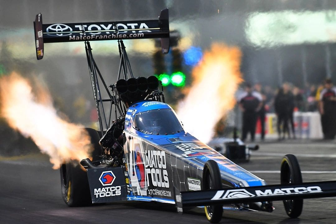 Three-time Top Fuel champion Antron Brown plans to be on track at Indianapolis later this month. But how many more races will he and his NHRA colleagues be allowed to attend this year? (Photo by Ron Lewis)